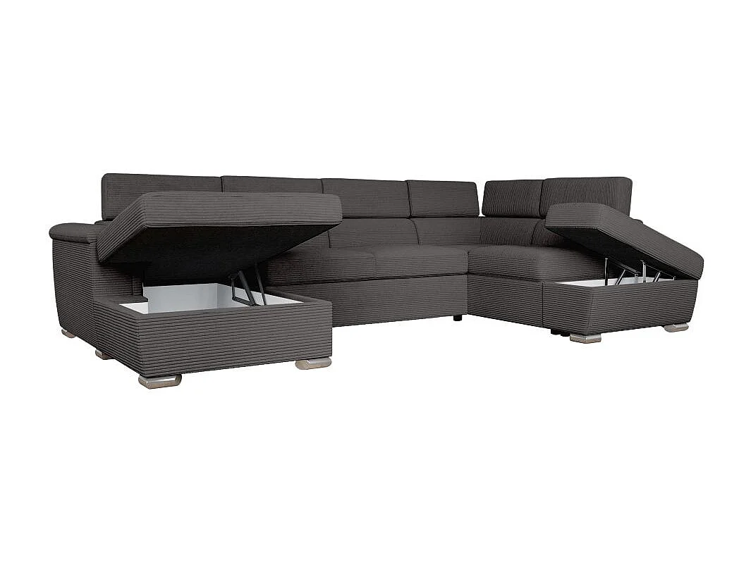 Canapé panoramique 6 places Paola convertible avec 2 coffres en velours côtelé - Gris - L320,5 x P188 x H76cm - Loungitude