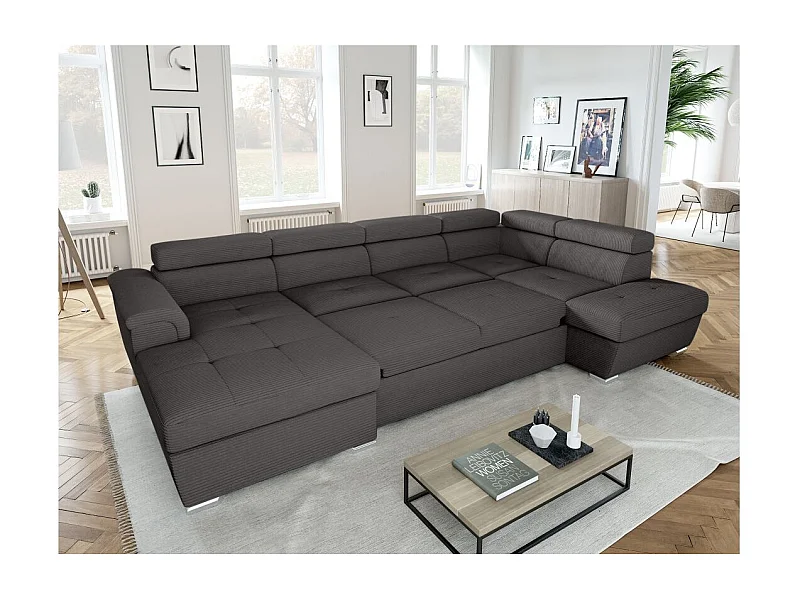 Canapé panoramique 6 places Paola convertible avec 2 coffres en velours côtelé - Gris - L320,5 x P188 x H76cm - Loungitude