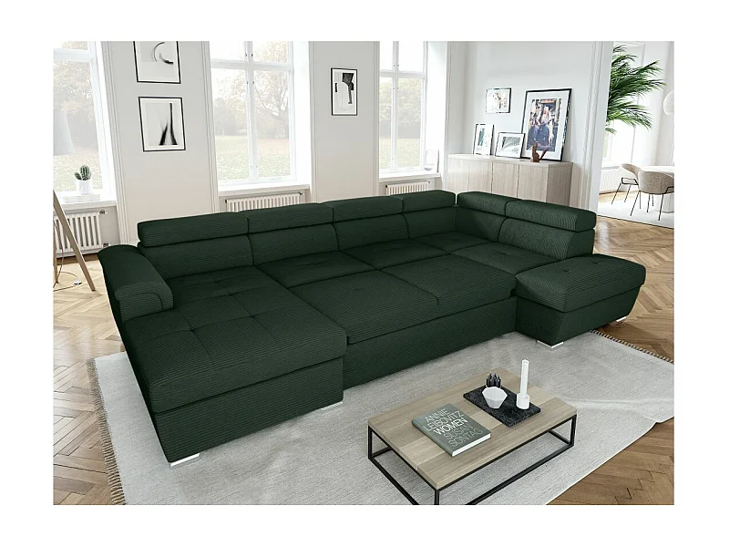 Canapé panoramique 6 places Paola convertible avec 2 coffres en velours côtelé - Vert foncé - L320,5 x P188 x H76cm - Loungitude