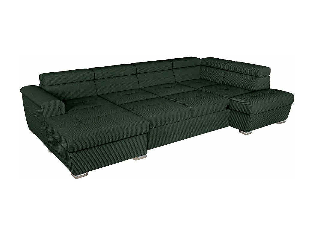 Canapé panoramique 6 places Paola convertible avec 2 coffres en velours côtelé - Vert foncé - L320,5 x P188 x H76cm - Loungitude