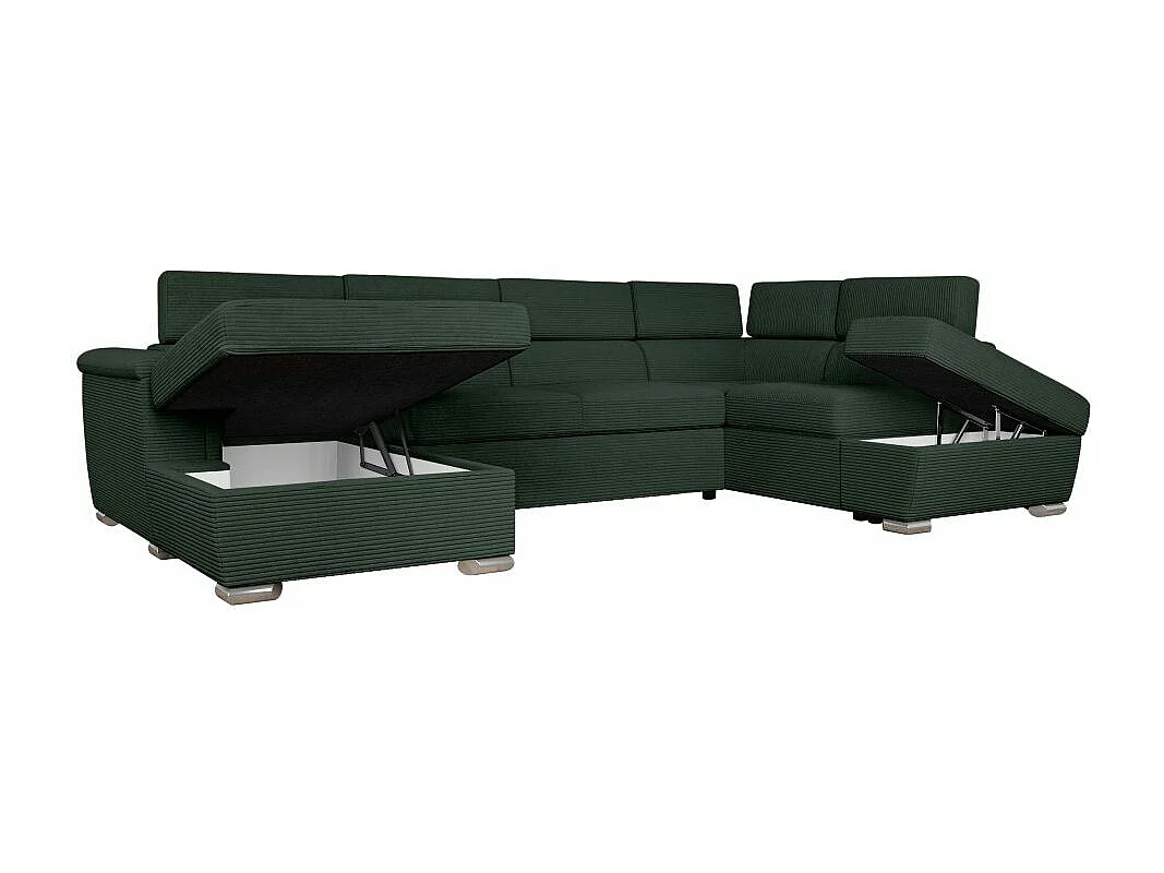 Canapé panoramique 6 places Paola convertible avec 2 coffres en velours côtelé - Vert foncé - L320,5 x P188 x H76cm - Loungitude