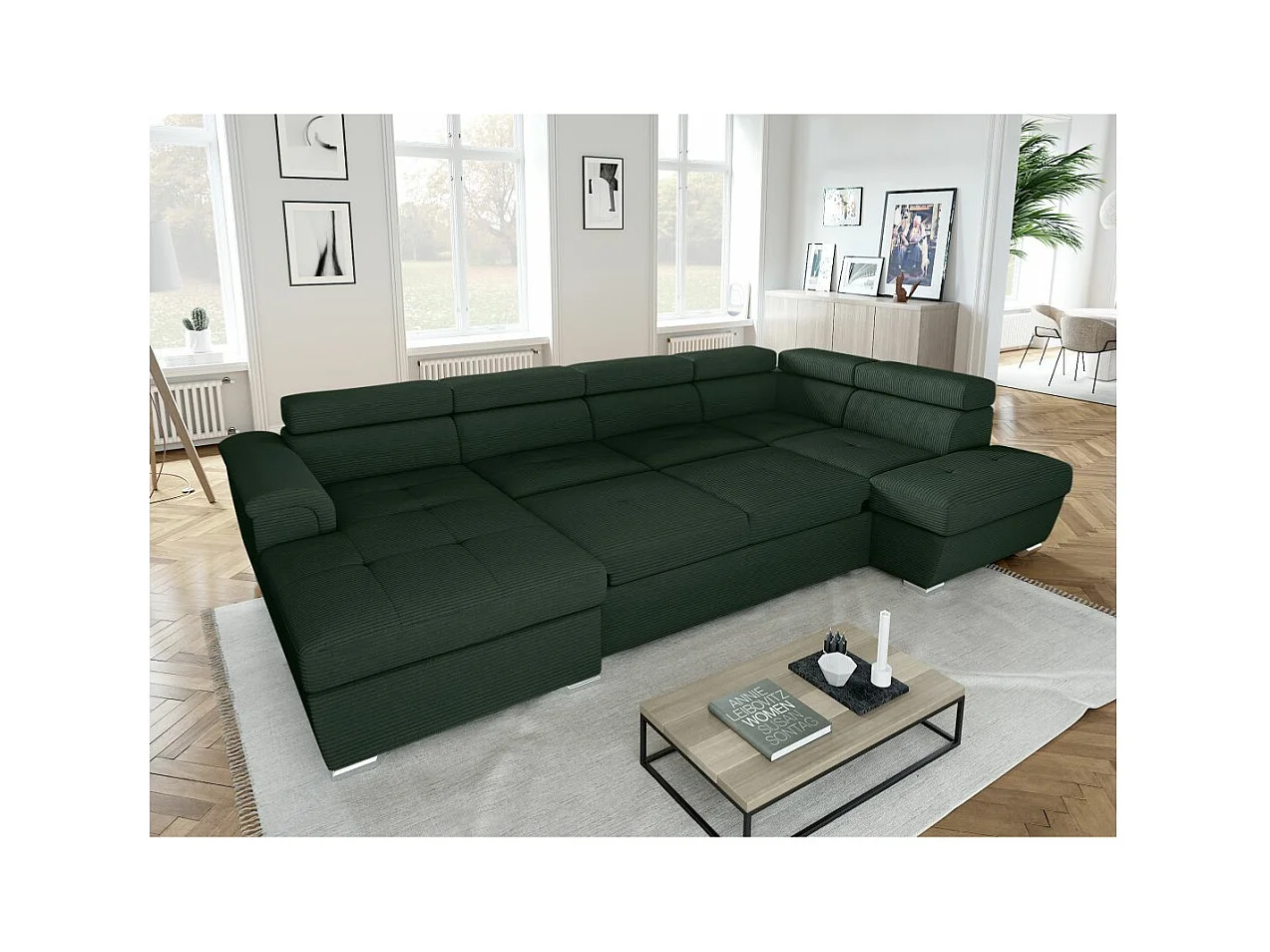 Canapé panoramique 6 places Paola convertible avec 2 coffres en velours côtelé - Vert foncé - L320,5 x P188 x H76cm - Loungitude