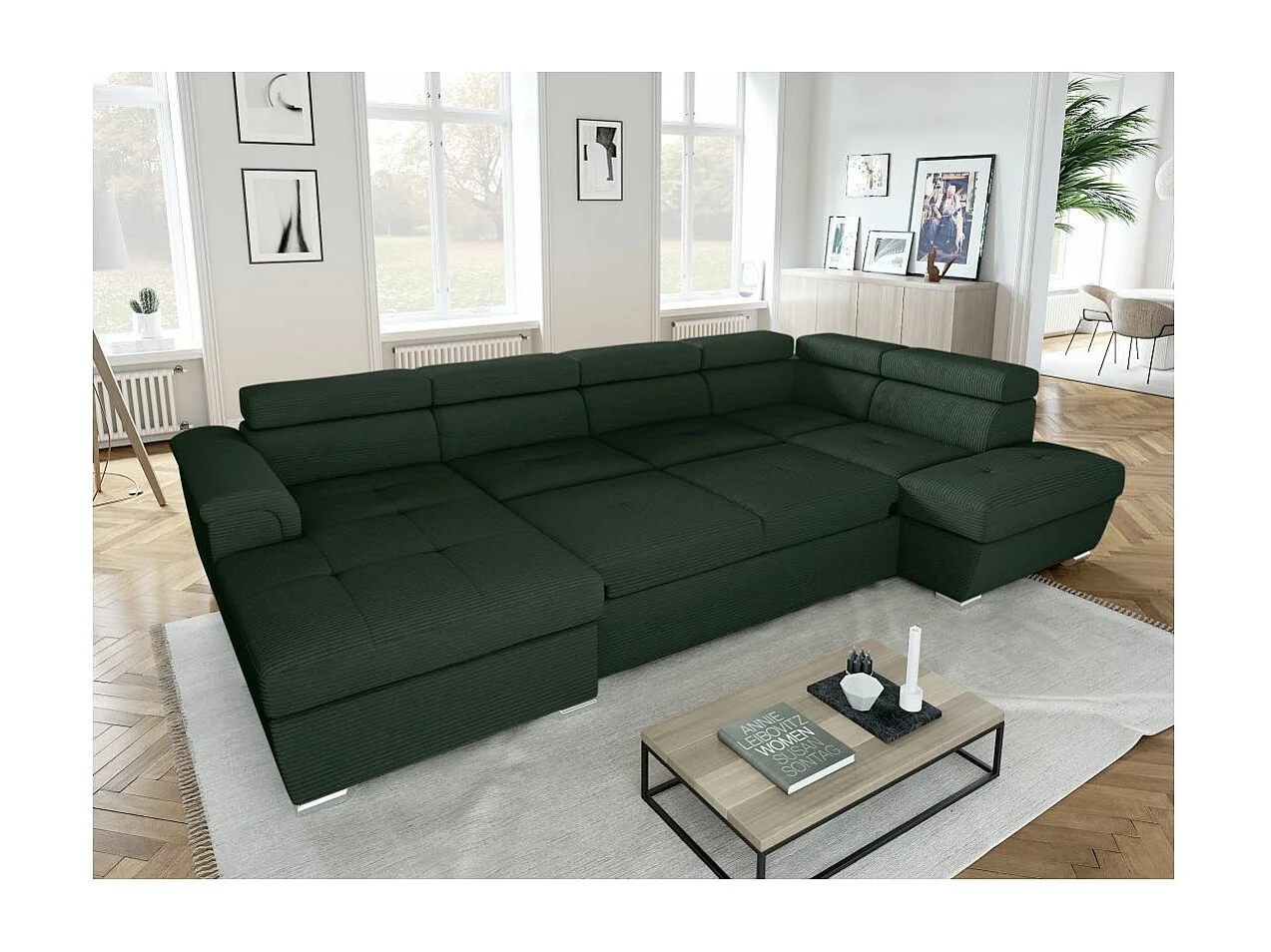 Canapé panoramique 6 places Paola convertible avec 2 coffres en velours côtelé - Vert foncé - L320,5 x P188 x H76cm - Loungitude