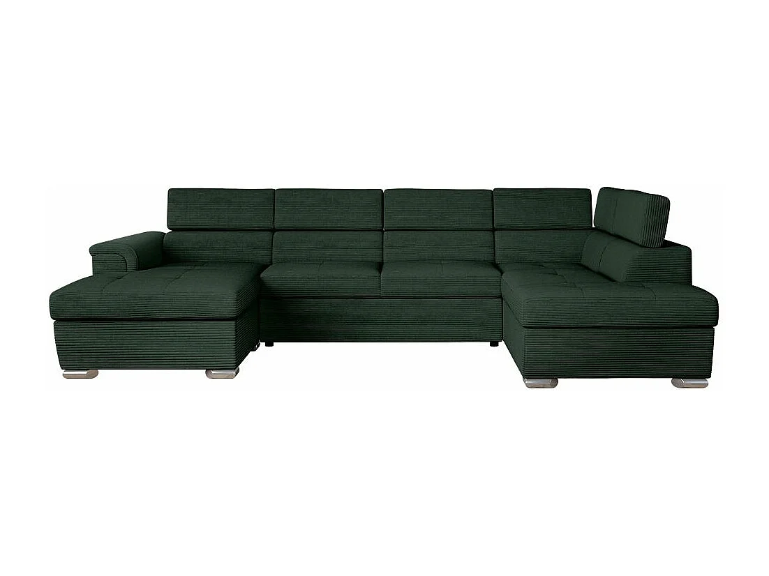 Canapé panoramique 6 places Paola convertible avec 2 coffres en velours côtelé - Vert foncé - L320,5 x P188 x H76cm - Loungitude