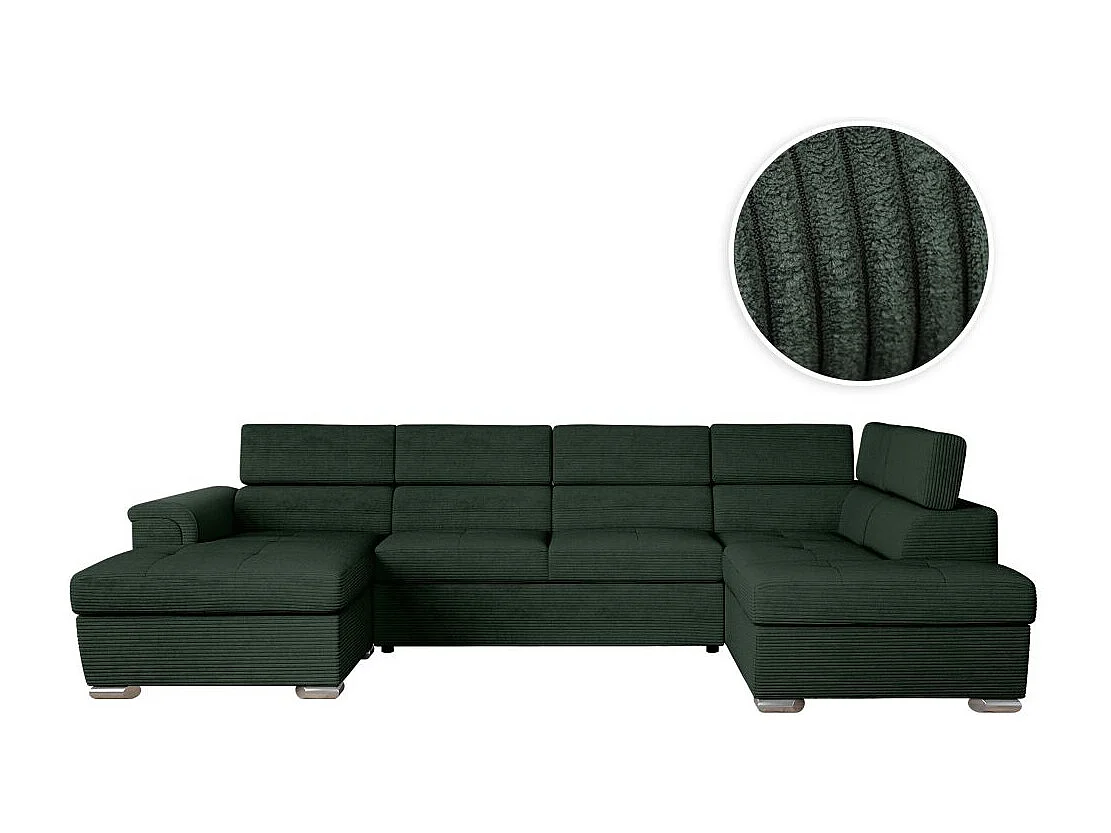 Canapé panoramique 6 places Paola convertible avec 2 coffres en velours côtelé - Vert foncé - L320,5 x P188 x H76cm - Loungitude