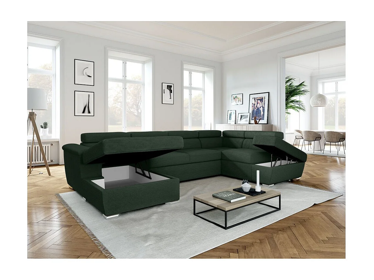 Canapé panoramique 6 places Paola convertible avec 2 coffres en velours côtelé - Vert foncé - L320,5 x P188 x H76cm - Loungitude
