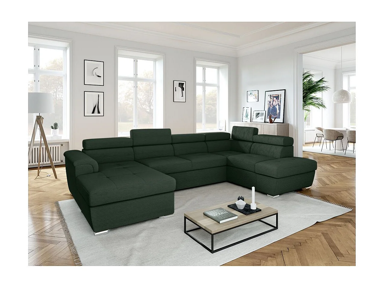 Canapé panoramique 6 places Paola convertible avec 2 coffres en velours côtelé - Vert foncé - L320,5 x P188 x H76cm - Loungitude