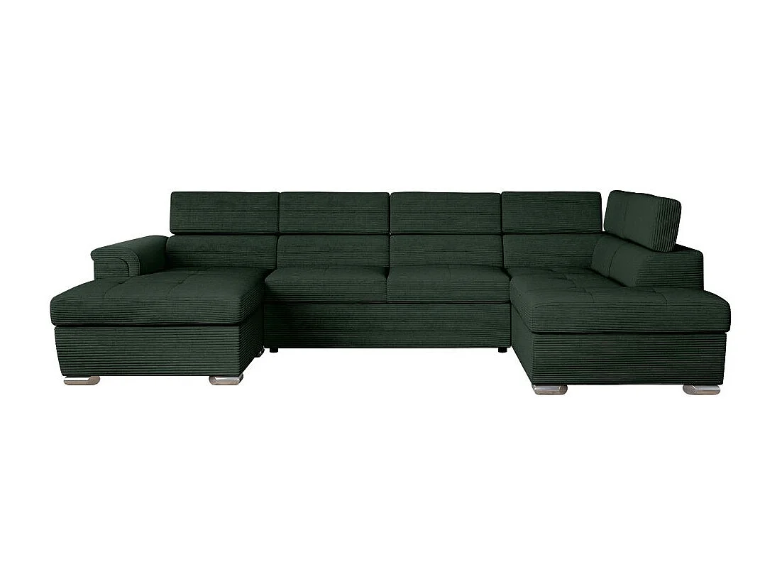 Canapé panoramique 6 places Paola convertible avec 2 coffres en velours côtelé - Vert foncé - L320,5 x P188 x H76cm - Loungitude
