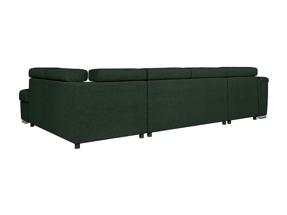 Canapé panoramique 6 places Paola convertible avec 2 coffres en velours côtelé - Vert foncé - L320,5 x P188 x H76cm - Loungitude
