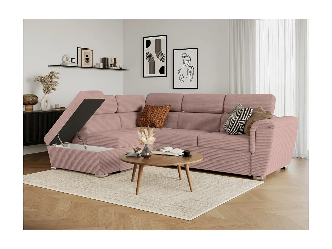 Canapé d'angle gauche 4 places Paola convertible avec coffre en velours côtelé - Rose - L252 x P188 x H76cm - Loungitude