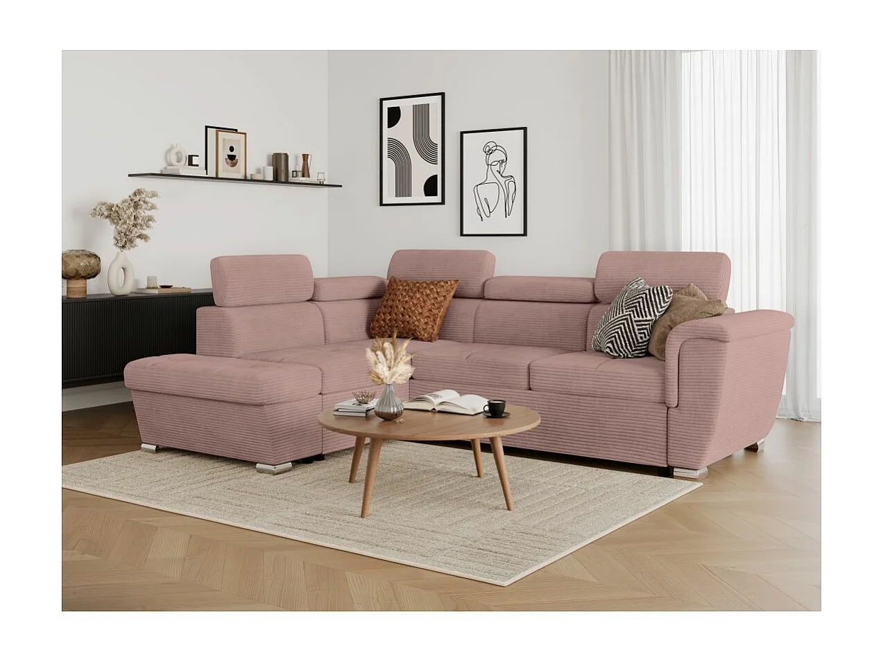Canapé d'angle gauche 4 places Paola convertible avec coffre en velours côtelé - Rose - L252 x P188 x H76cm - Loungitude