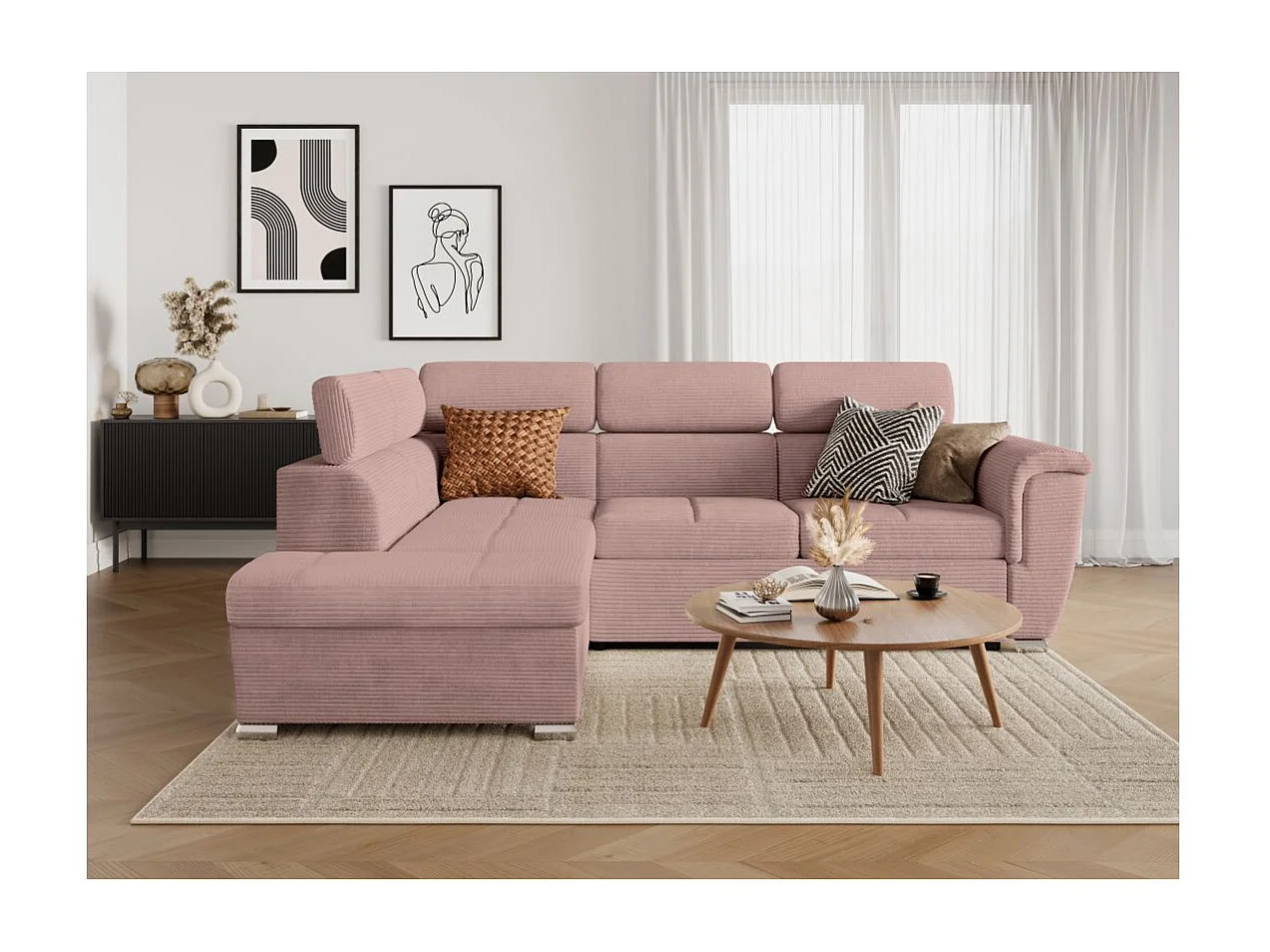 Canapé d'angle gauche 4 places Paola convertible avec coffre en velours côtelé - Rose - L252 x P188 x H76cm - Loungitude