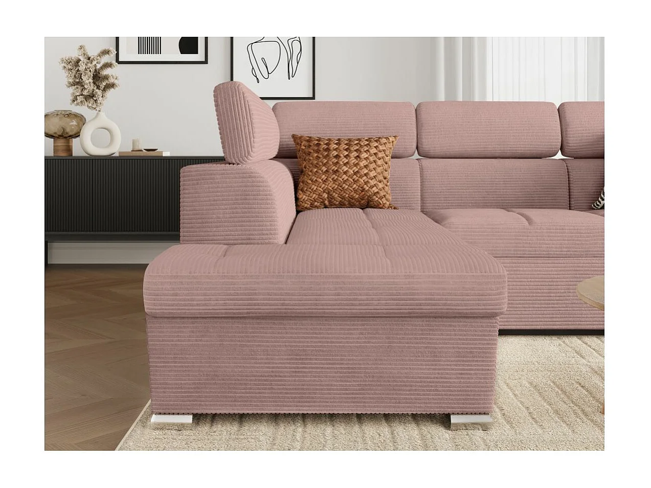 Canapé d'angle gauche 4 places Paola convertible avec coffre en velours côtelé - Rose - L252 x P188 x H76cm - Loungitude