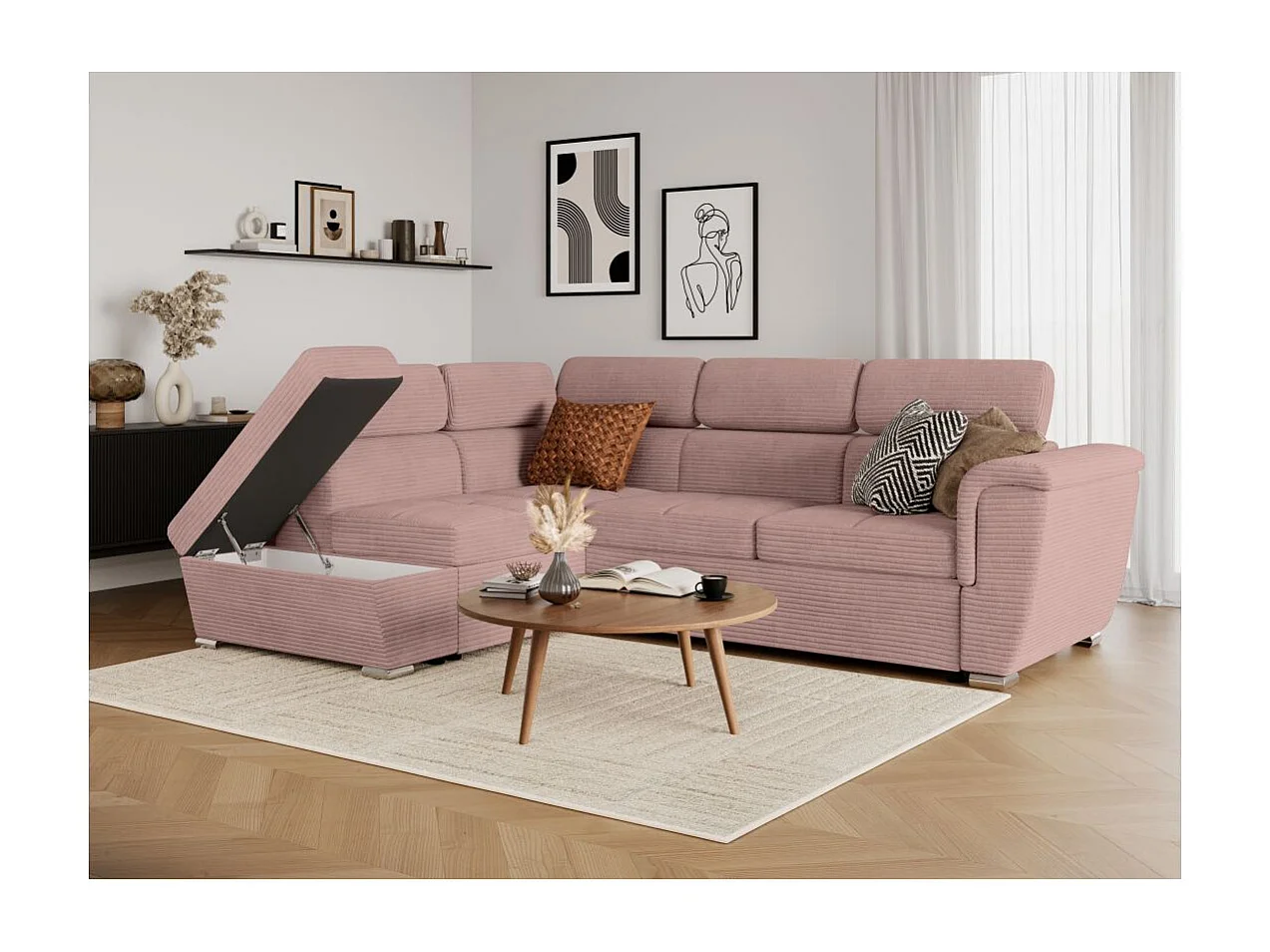 Canapé d'angle gauche 4 places Paola convertible avec coffre en velours côtelé - Rose - L252 x P188 x H76cm - Loungitude