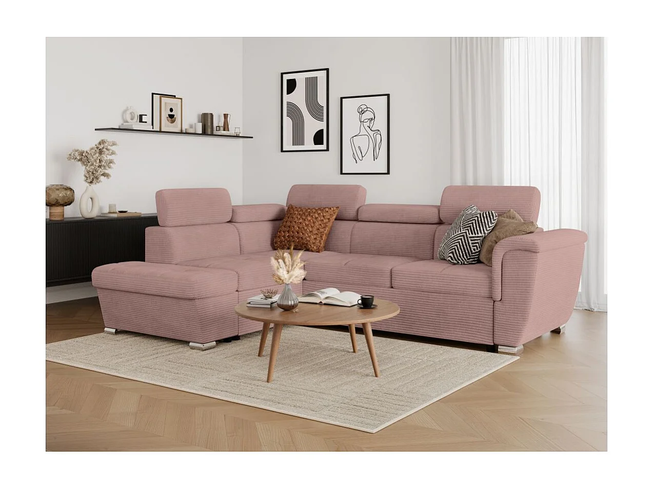Canapé d'angle gauche 4 places Paola convertible avec coffre en velours côtelé - Rose - L252 x P188 x H76cm - Loungitude