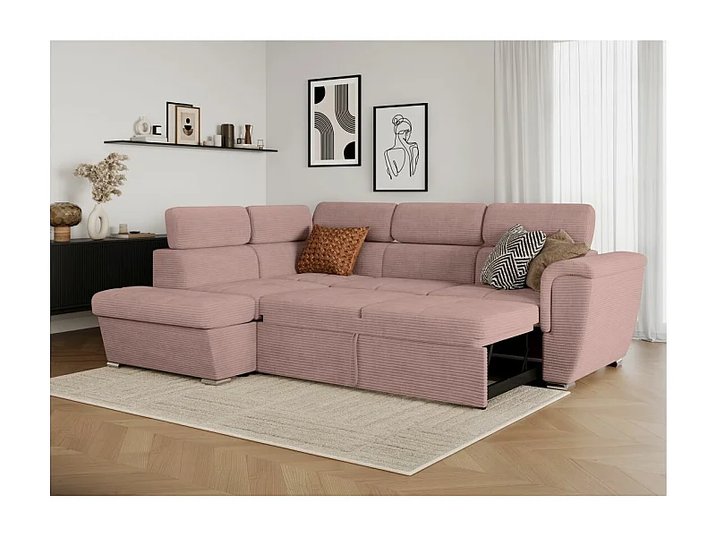Canapé d'angle gauche 4 places Paola convertible avec coffre en velours côtelé - Rose - L252 x P188 x H76cm - Loungitude