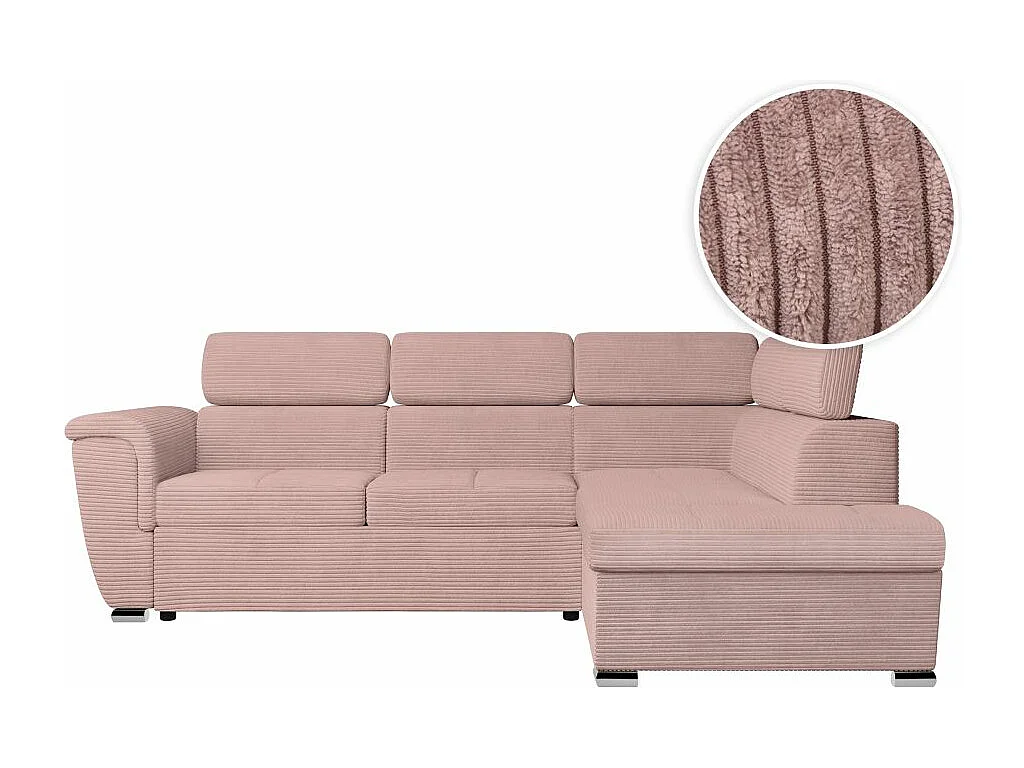 Canapé d'angle droit 4 places Paola convertible avec coffre en velours côtelé - Rose - L252 x P188 x H76cm - Loungitude