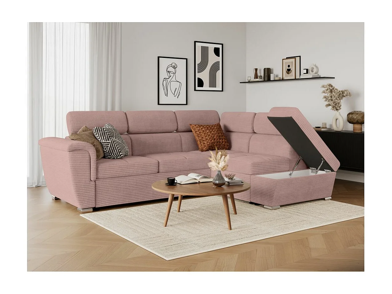 Canapé d'angle droit 4 places Paola convertible avec coffre en velours côtelé - Rose - L252 x P188 x H76cm - Loungitude