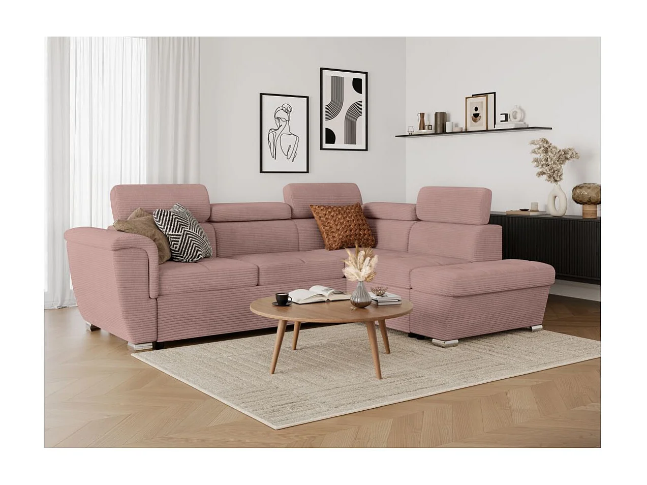 Canapé d'angle droit 4 places Paola convertible avec coffre en velours côtelé - Rose - L252 x P188 x H76cm - Loungitude