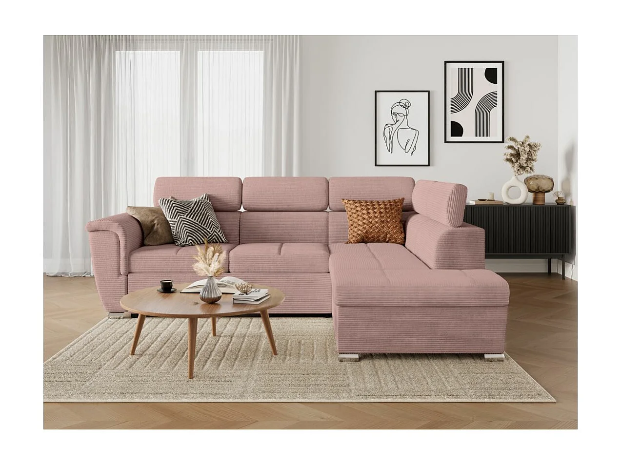 Canapé d'angle droit 4 places Paola convertible avec coffre en velours côtelé - Rose - L252 x P188 x H76cm - Loungitude