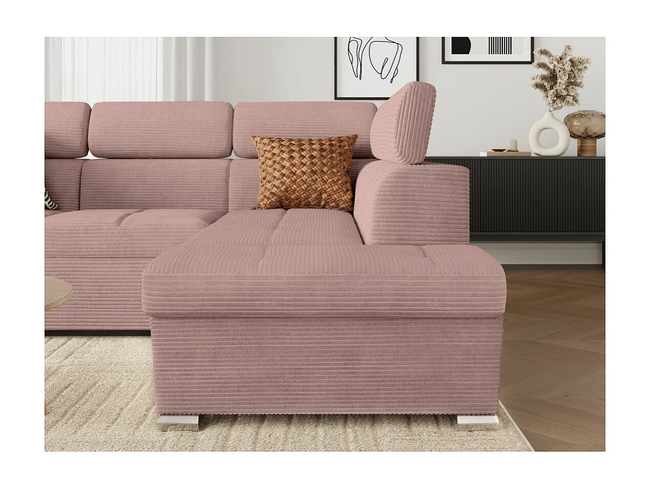 Canapé d'angle droit 4 places Paola convertible avec coffre en velours côtelé - Rose - L252 x P188 x H76cm - Loungitude