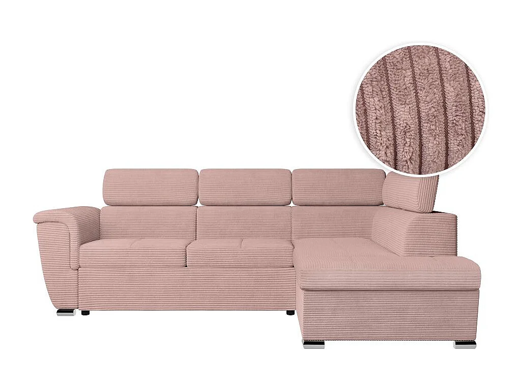 Canapé d'angle droit 4 places Paola convertible avec coffre en velours côtelé - Rose - L252 x P188 x H76cm - Loungitude