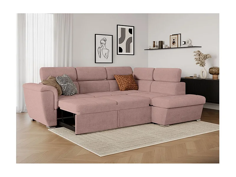 Canapé d'angle droit 4 places Paola convertible avec coffre en velours côtelé - Rose - L252 x P188 x H76cm - Loungitude