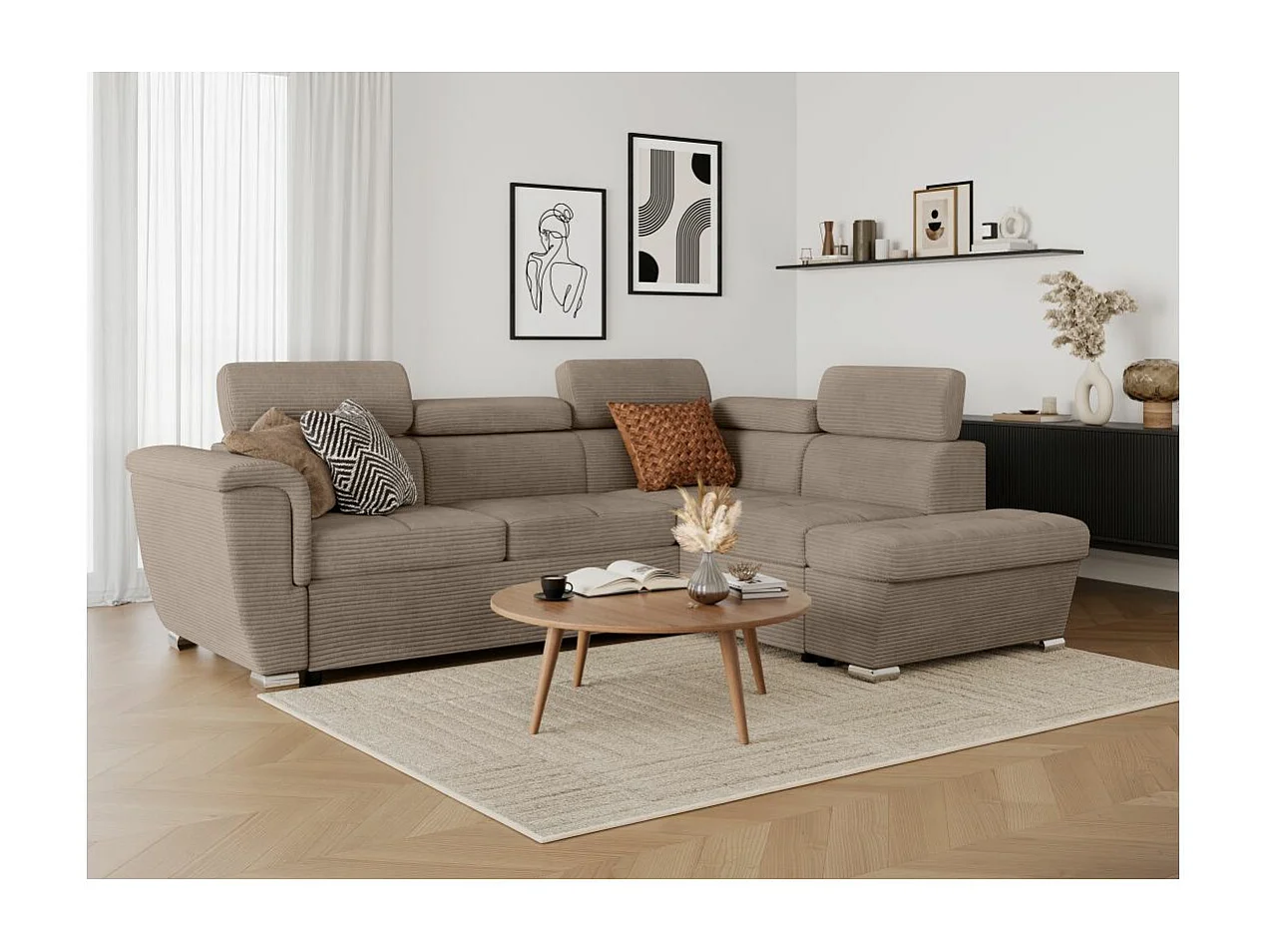 Canapé d'angle droit 4 places Paola convertible avec coffre en velours côtelé - Taupe - L252 x P188 x H76cm - Loungitude