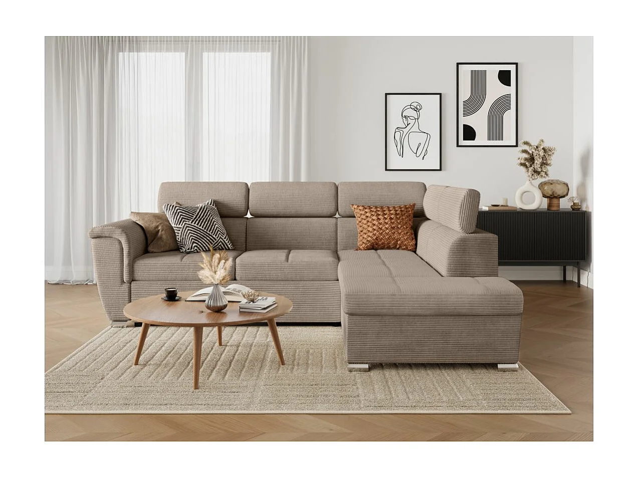 Canapé d'angle droit 4 places Paola convertible avec coffre en velours côtelé - Taupe - L252 x P188 x H76cm - Loungitude