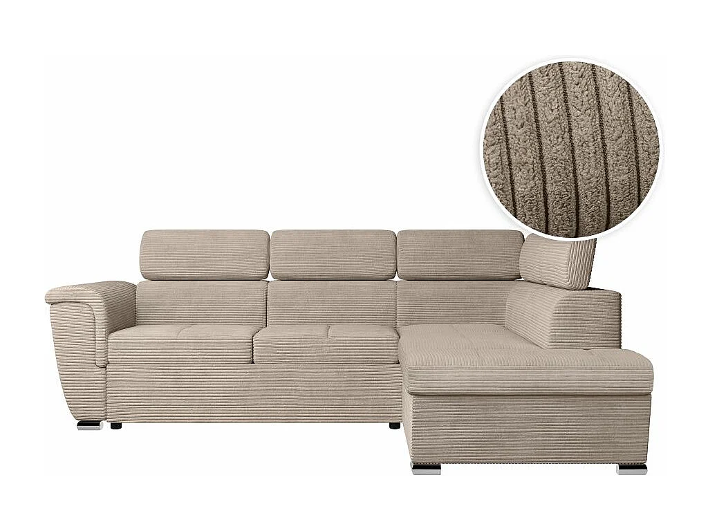 Canapé d'angle droit 4 places Paola convertible avec coffre en velours côtelé - Taupe - L252 x P188 x H76cm - Loungitude