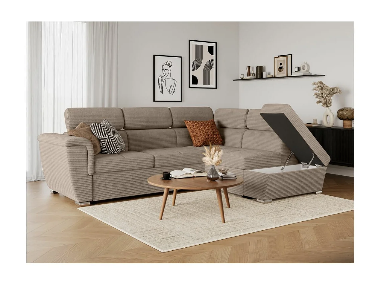 Canapé d'angle droit 4 places Paola convertible avec coffre en velours côtelé - Taupe - L252 x P188 x H76cm - Loungitude