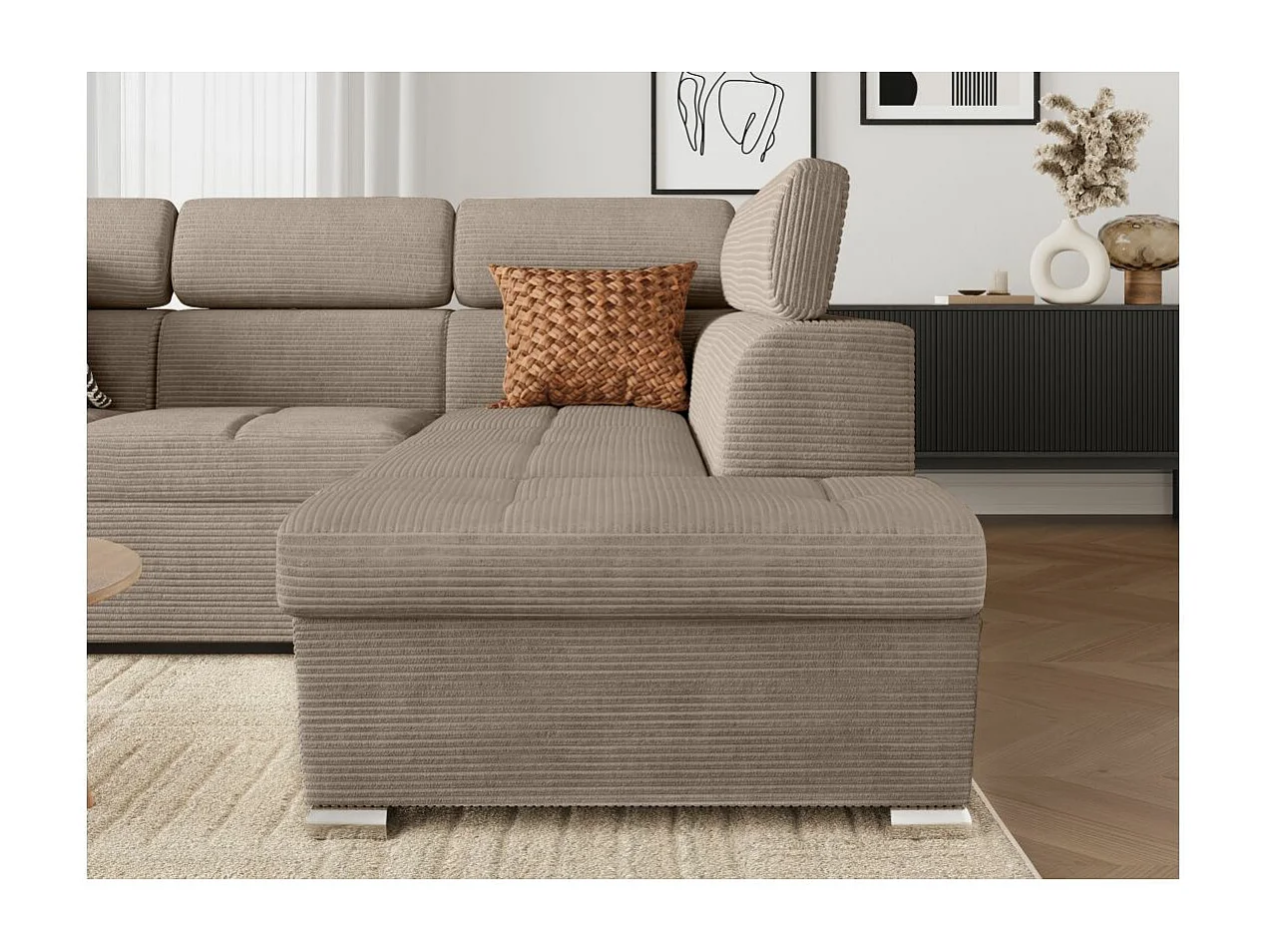 Canapé d'angle droit 4 places Paola convertible avec coffre en velours côtelé - Taupe - L252 x P188 x H76cm - Loungitude