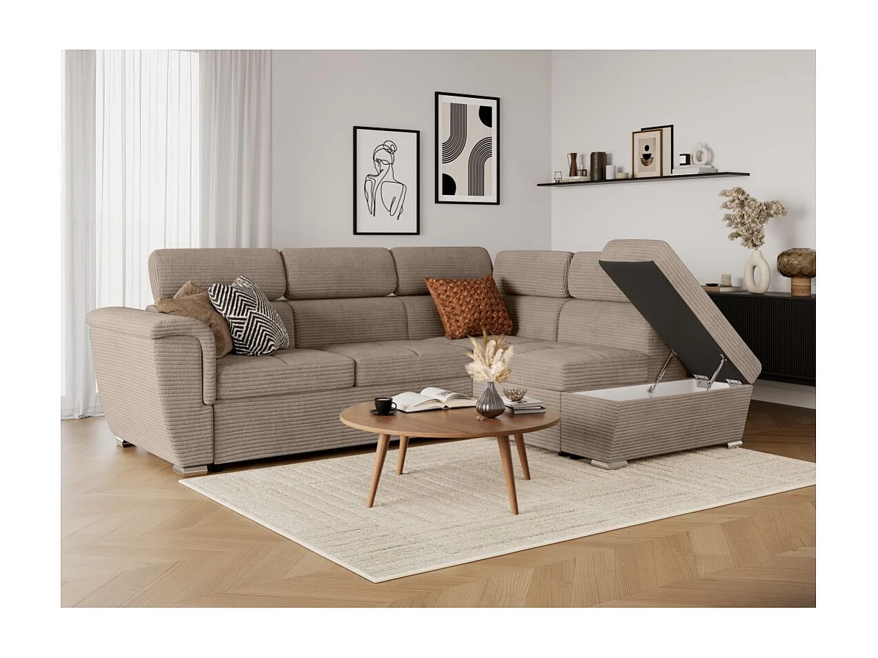 Canapé d'angle droit 4 places Paola convertible avec coffre en velours côtelé - Taupe - L252 x P188 x H76cm - Loungitude