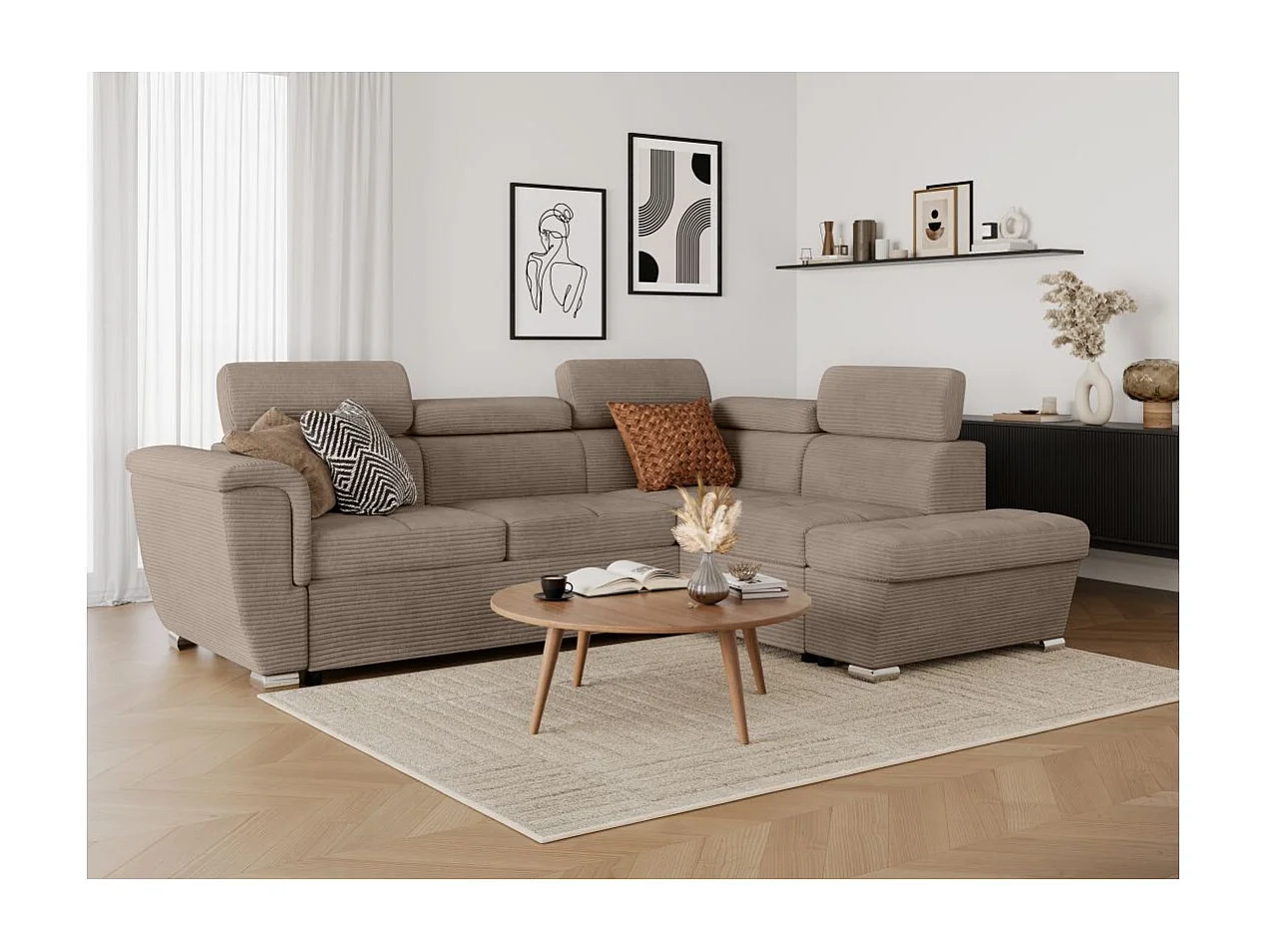 Canapé d'angle droit 4 places Paola convertible avec coffre en velours côtelé - Taupe - L252 x P188 x H76cm - Loungitude