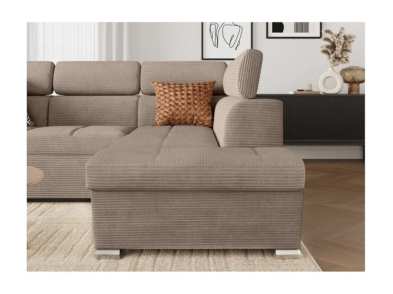 Canapé d'angle droit 4 places Paola convertible avec coffre en velours côtelé - Taupe - L252 x P188 x H76cm - Loungitude