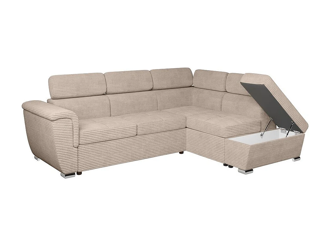 Canapé d'angle droit 4 places Paola convertible avec coffre en velours côtelé - Taupe - L252 x P188 x H76cm - Loungitude