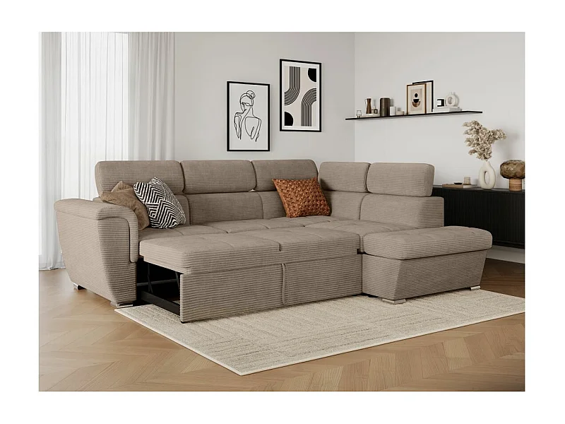 Canapé d'angle droit 4 places Paola convertible avec coffre en velours côtelé - Taupe - L252 x P188 x H76cm - Loungitude