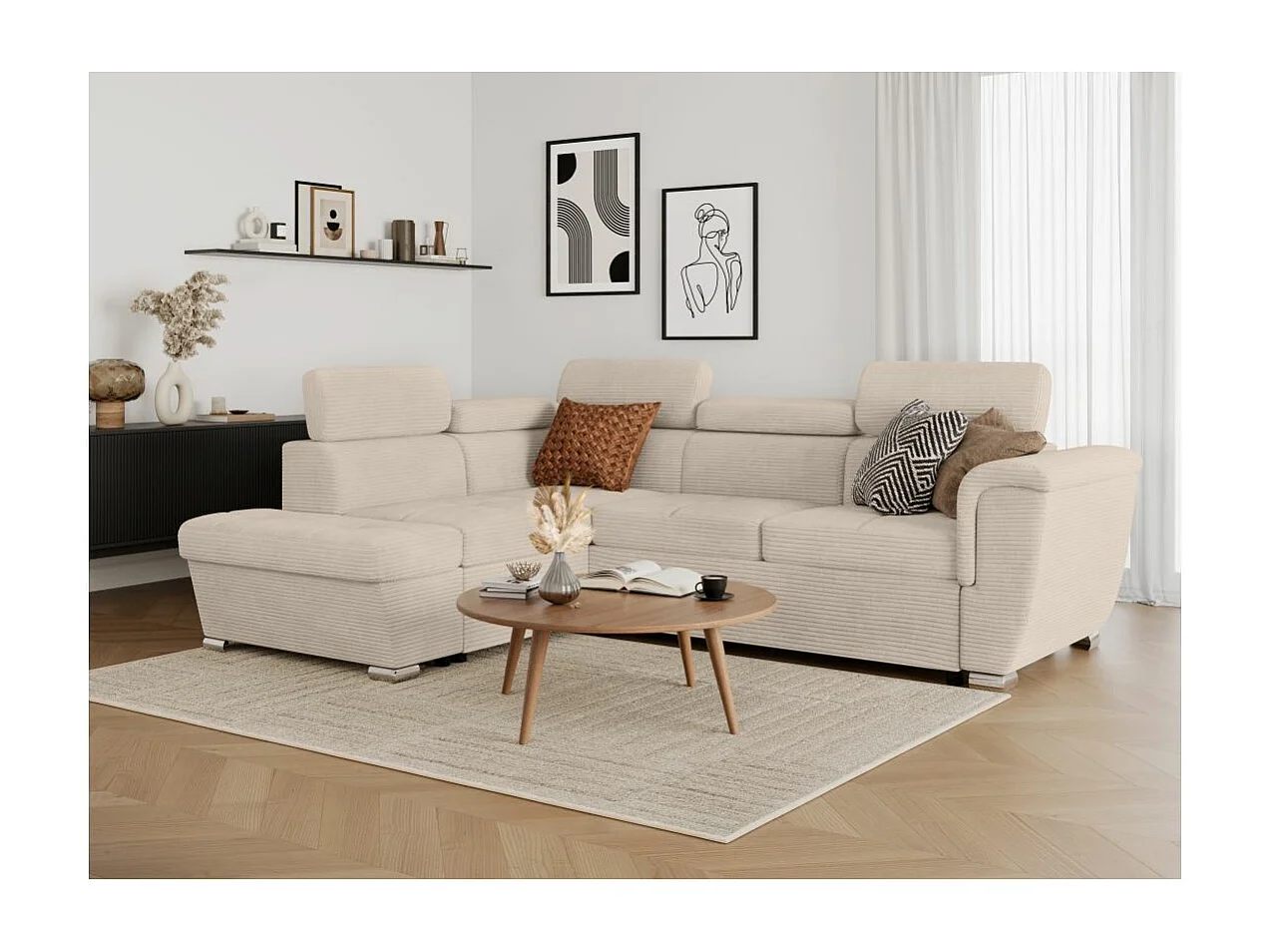 Canapé d'angle gauche 4 places Paola convertible avec coffre en velours côtelé - Beige - L252 x P188 x H76cm - Loungitude