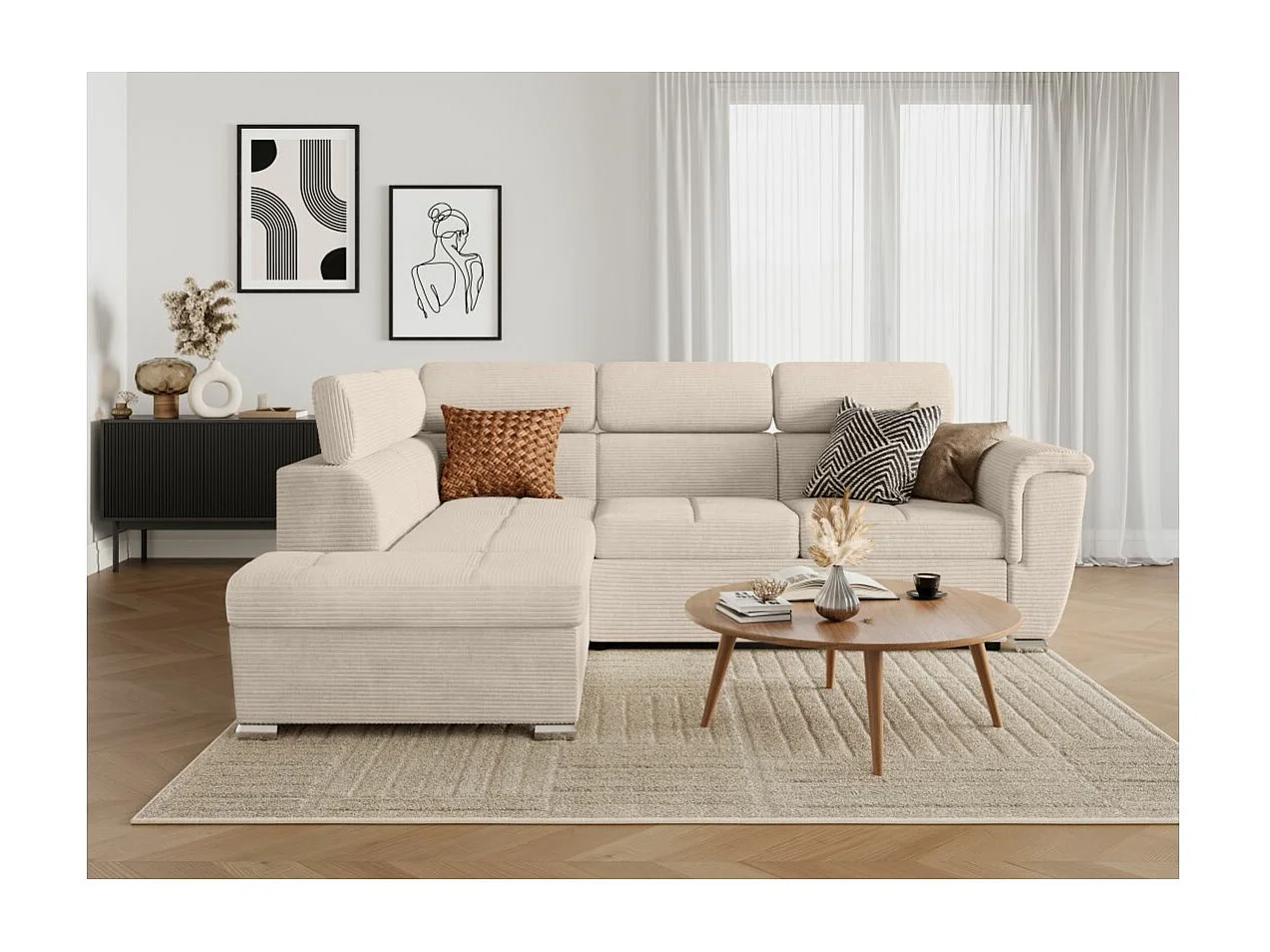 Canapé d'angle gauche 4 places Paola convertible avec coffre en velours côtelé - Beige - L252 x P188 x H76cm - Loungitude