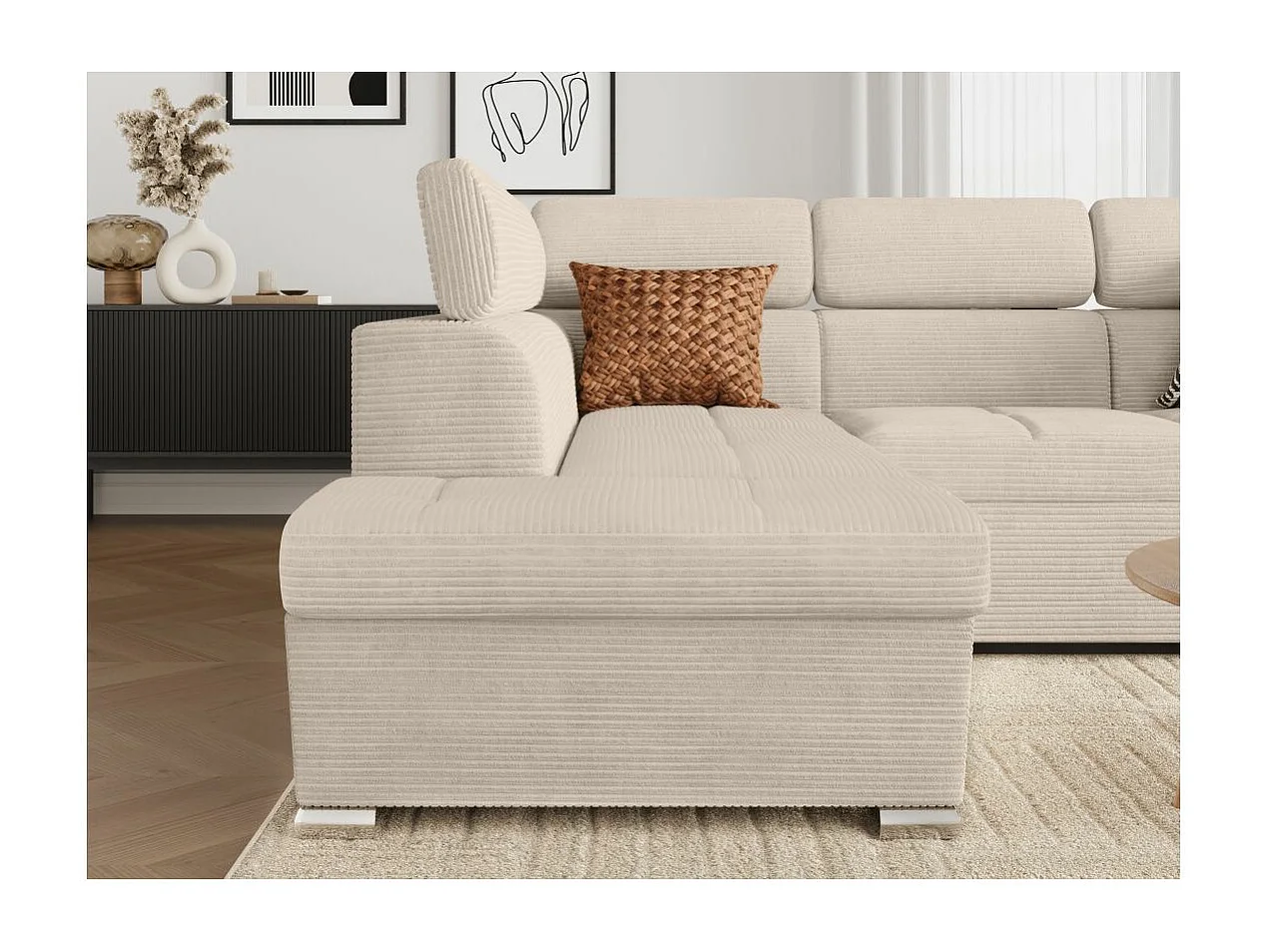 Canapé d'angle gauche 4 places Paola convertible avec coffre en velours côtelé - Beige - L252 x P188 x H76cm - Loungitude