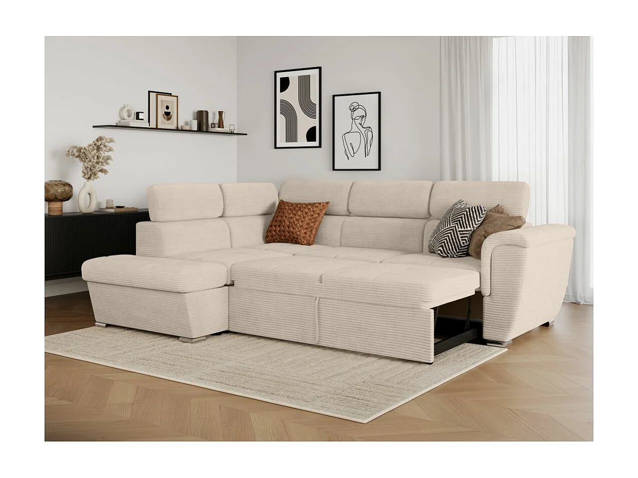 Canapé d'angle gauche 4 places Paola convertible avec coffre en velours côtelé - Beige - L252 x P188 x H76cm - Loungitude