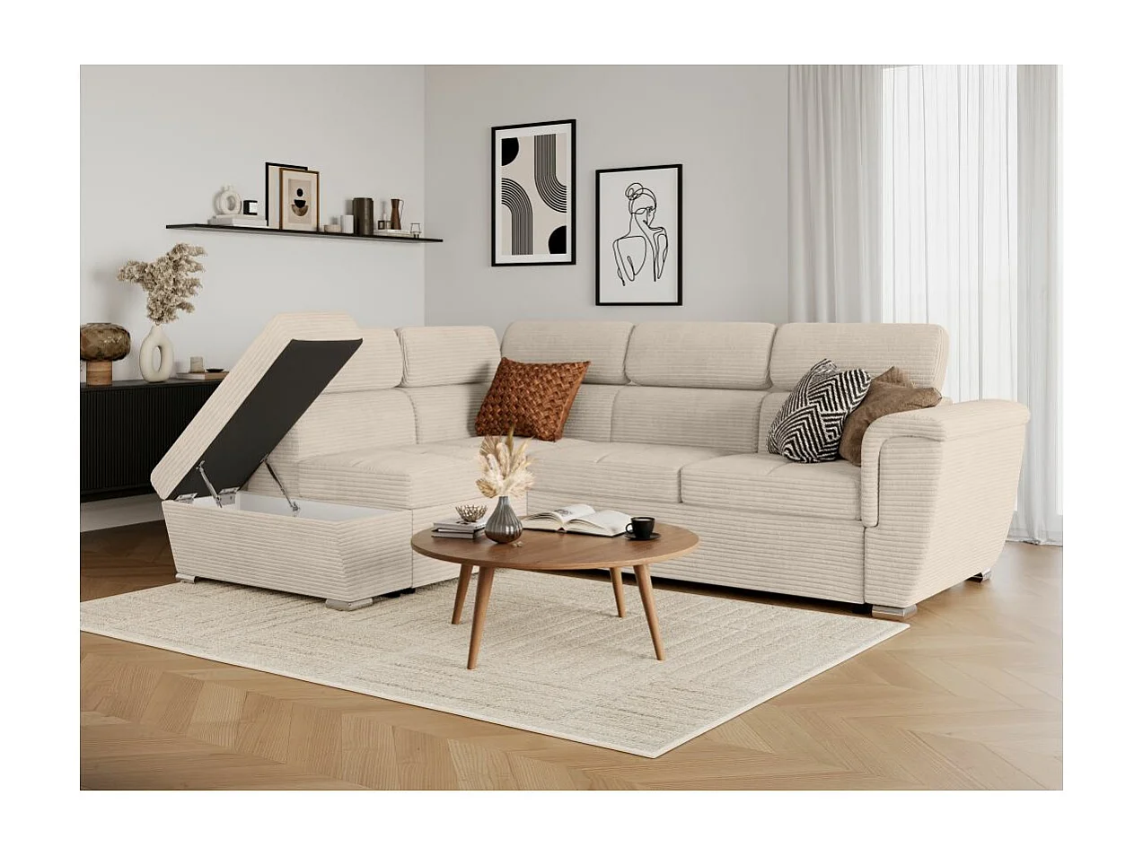 Canapé d'angle gauche 4 places Paola convertible avec coffre en velours côtelé - Beige - L252 x P188 x H76cm - Loungitude