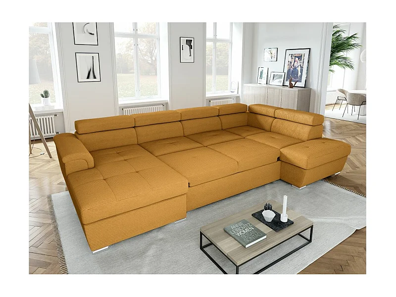 Canapé panoramique 6 places Paola convertible avec 2 coffres en velours côtelé - Jaune - L320,5 x P188 x H76cm - Loungitude