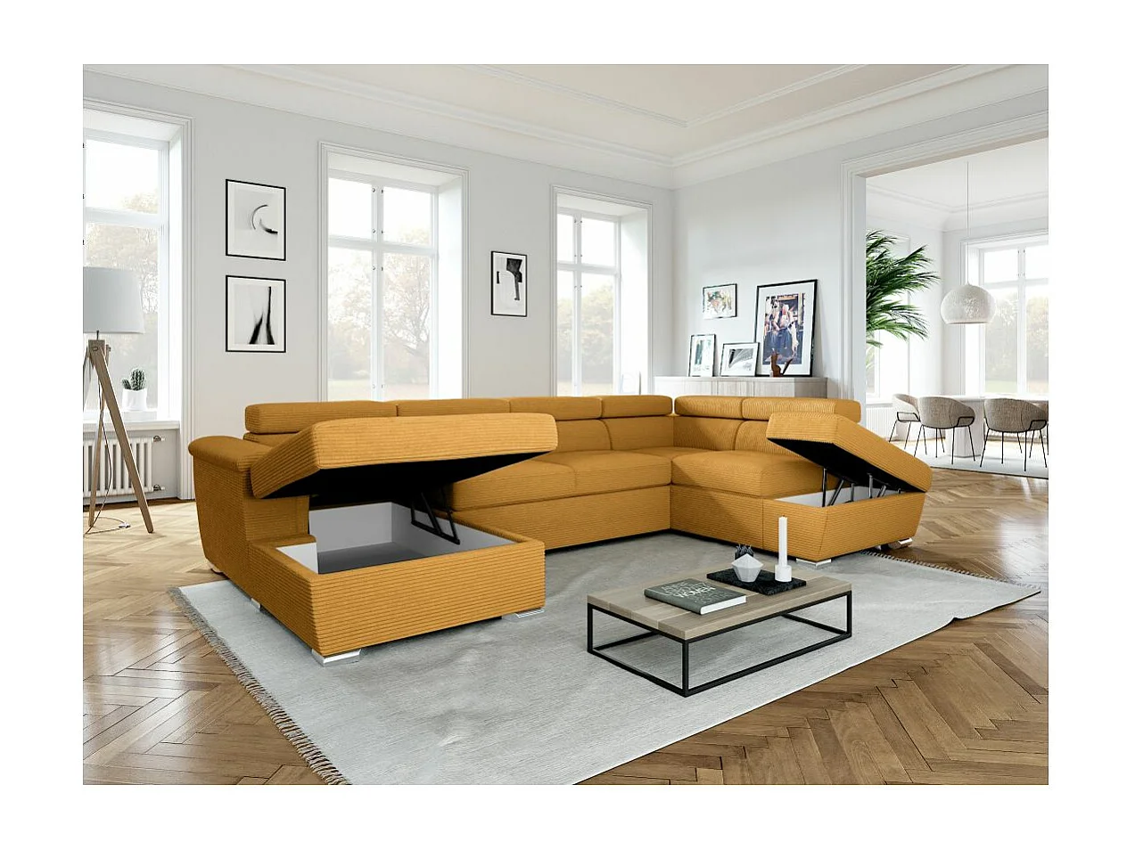 Canapé panoramique 6 places Paola convertible avec 2 coffres en velours côtelé - Jaune - L320,5 x P188 x H76cm - Loungitude