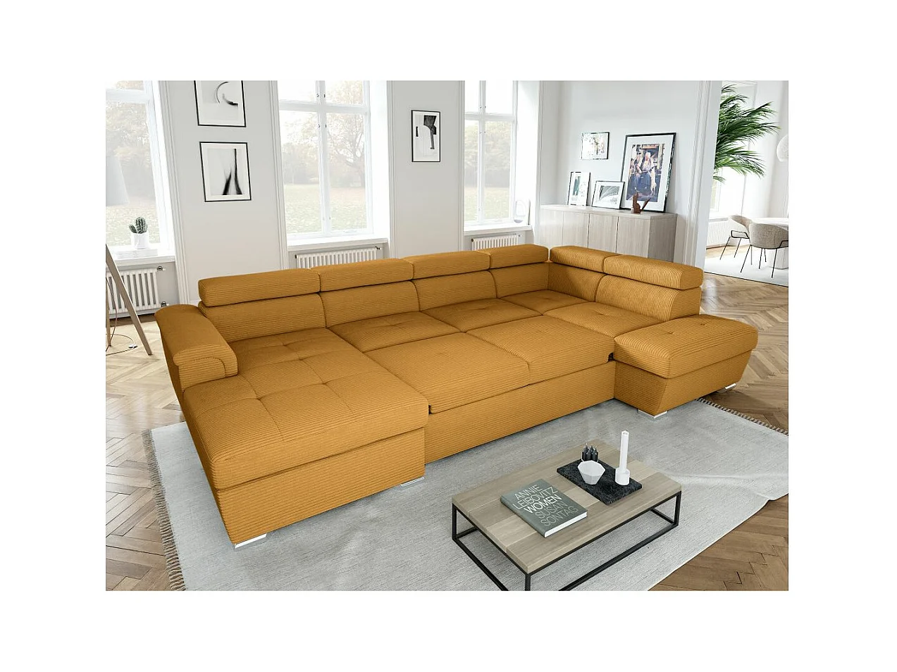 Canapé panoramique 6 places Paola convertible avec 2 coffres en velours côtelé - Jaune - L320,5 x P188 x H76cm - Loungitude