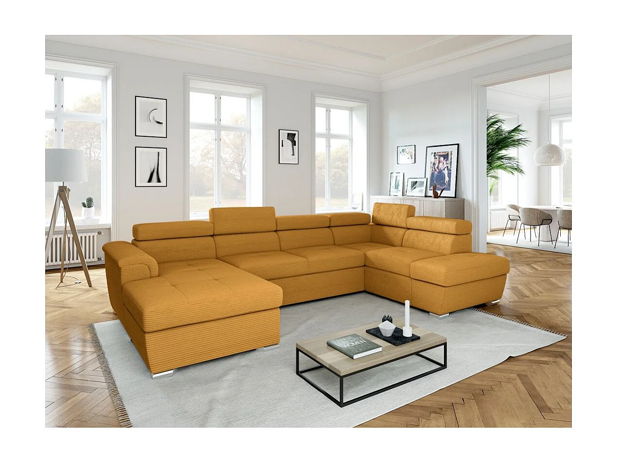 Canapé panoramique 6 places Paola convertible avec 2 coffres en velours côtelé - Jaune - L320,5 x P188 x H76cm - Loungitude