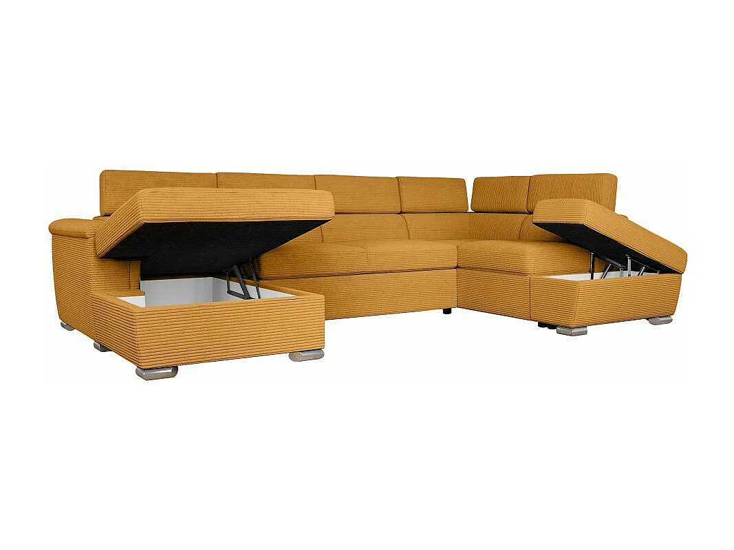 Canapé panoramique 6 places Paola convertible avec 2 coffres en velours côtelé - Jaune - L320,5 x P188 x H76cm - Loungitude