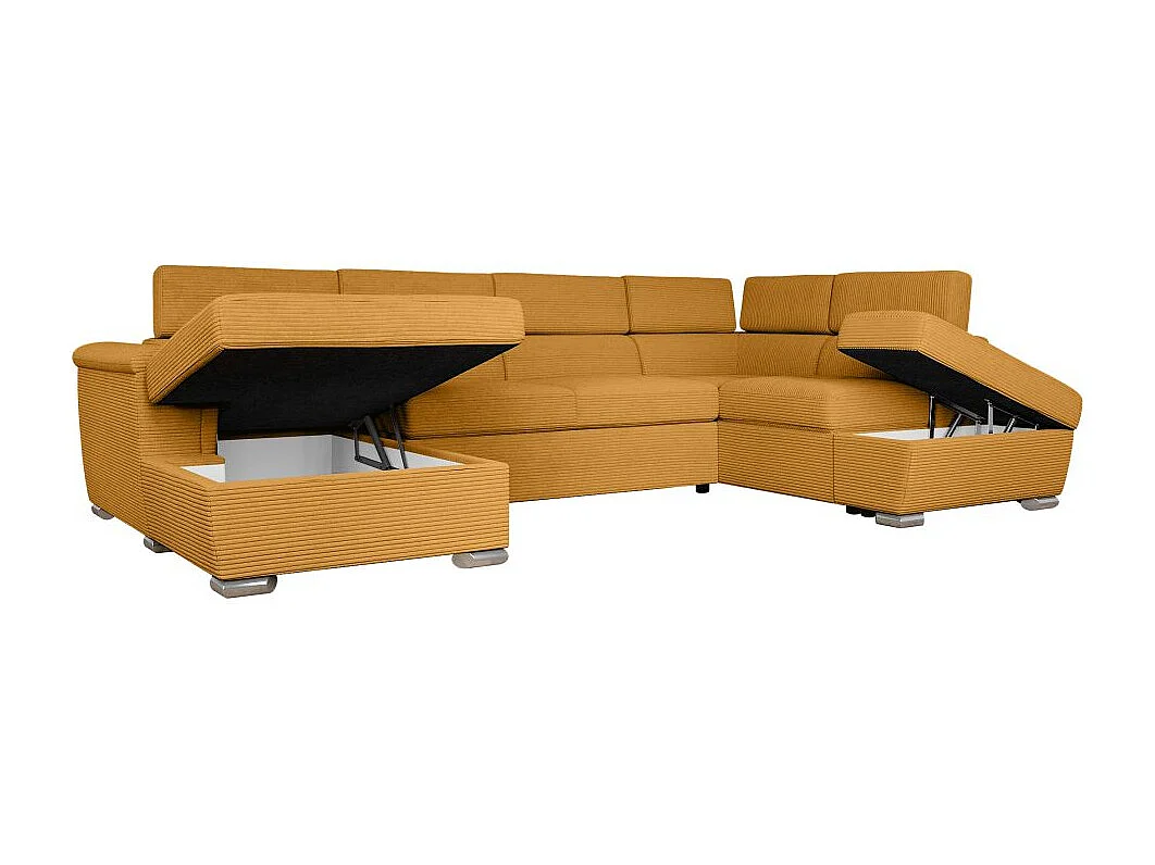Canapé panoramique 6 places Paola convertible avec 2 coffres en velours côtelé - Jaune - L320,5 x P188 x H76cm - Loungitude
