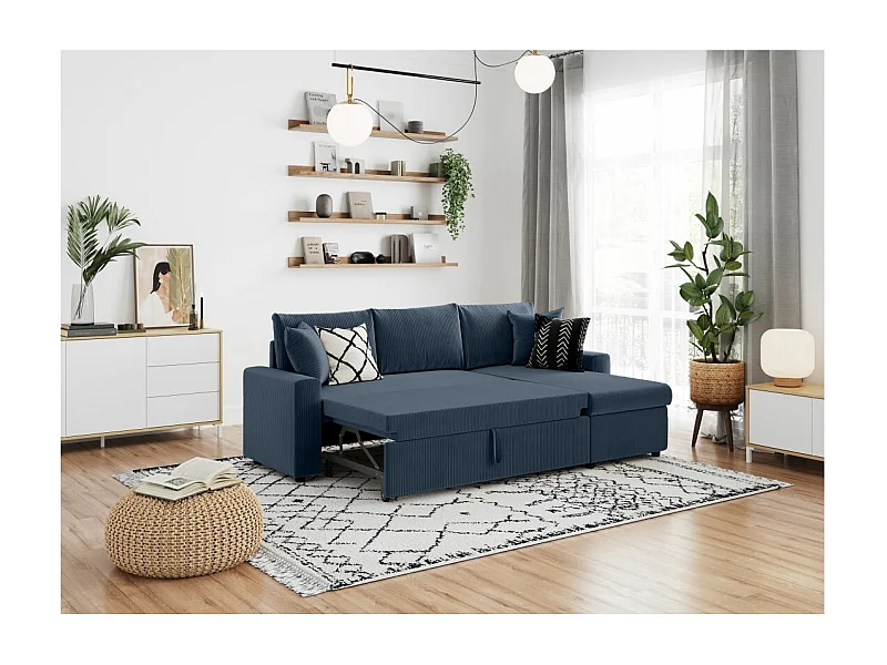 Canapé d'angle 3 places Maria réversible, convertible avec coffre en velours côtelé - Bleu foncé - L227 x P146 x H81cm - Loungitude