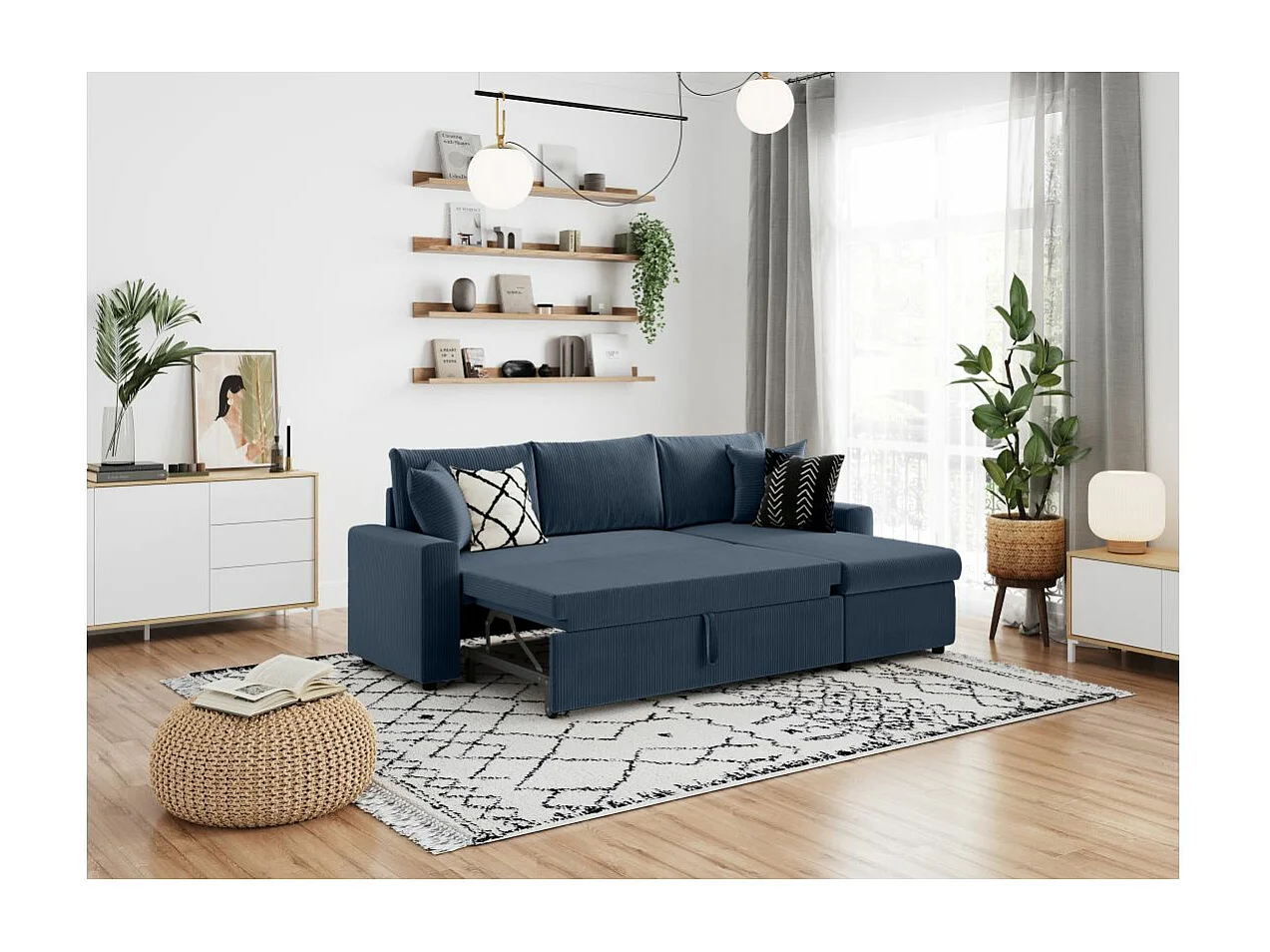 Canapé d'angle 3 places Maria réversible, convertible avec coffre en velours côtelé - Bleu foncé - L227 x P146 x H81cm - Loungitude